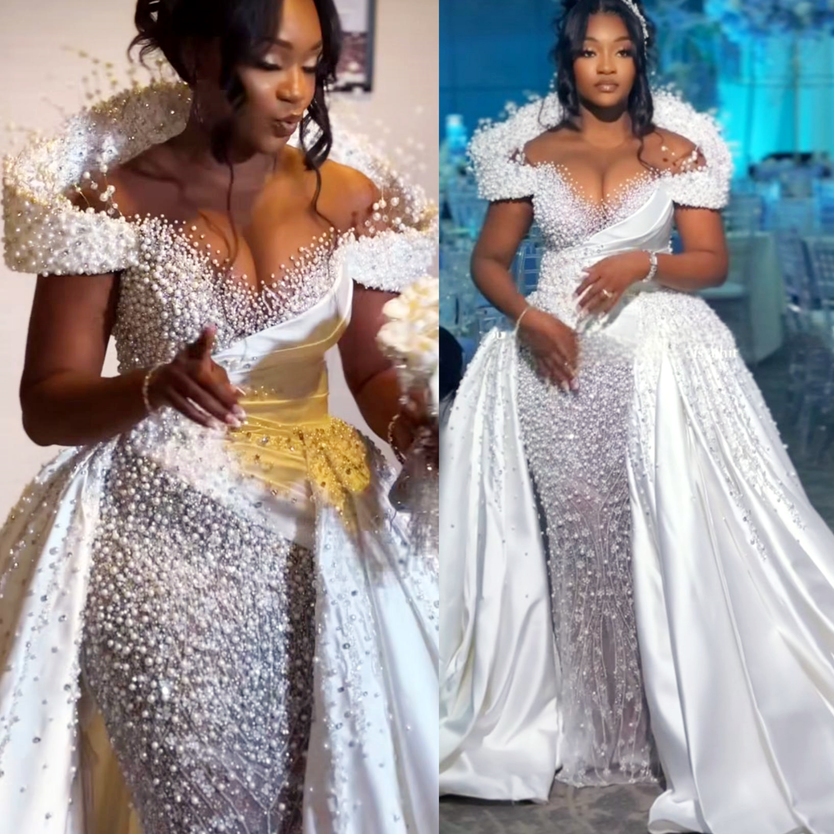 2025 Aso Ebi Plus Size Off White Mermaid Wedding Dress Luxurious Pearls Beaded Sequined Sheer Neck Glamorous Bridal Gowns Dresses ZJ0667