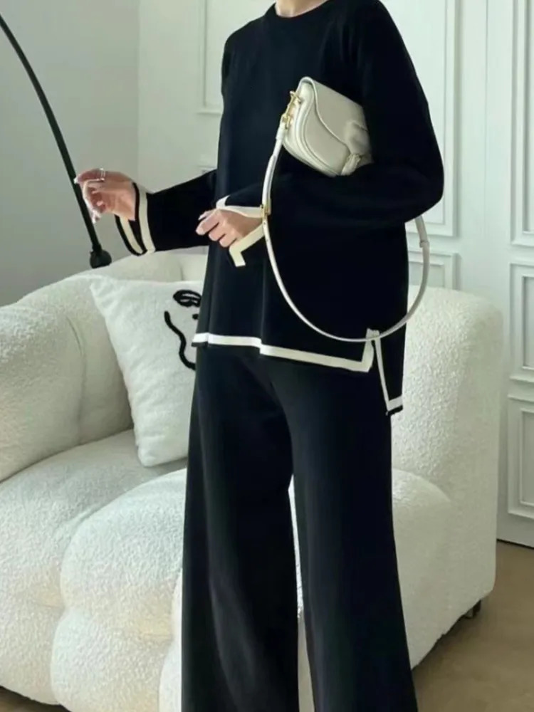 Fashion Color Matching Knitted Pant Sets Women Loose Long Sleeve Knitting Sweater Slit Wide Legs Trousers Two Piece Set Female 250818