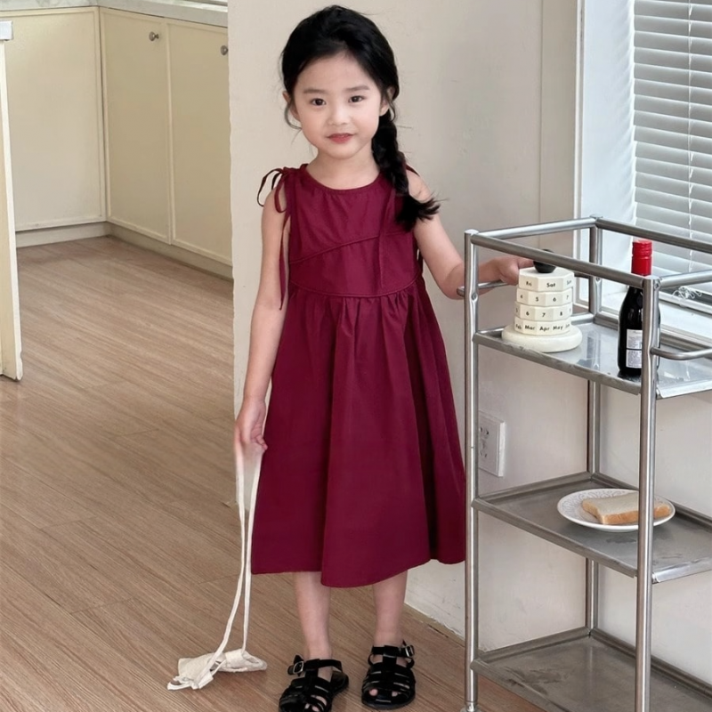 D214 Summer new arrival girls solid color sleeveless dress Korean style baby stylish drawstring A-line beach dress princess long dress