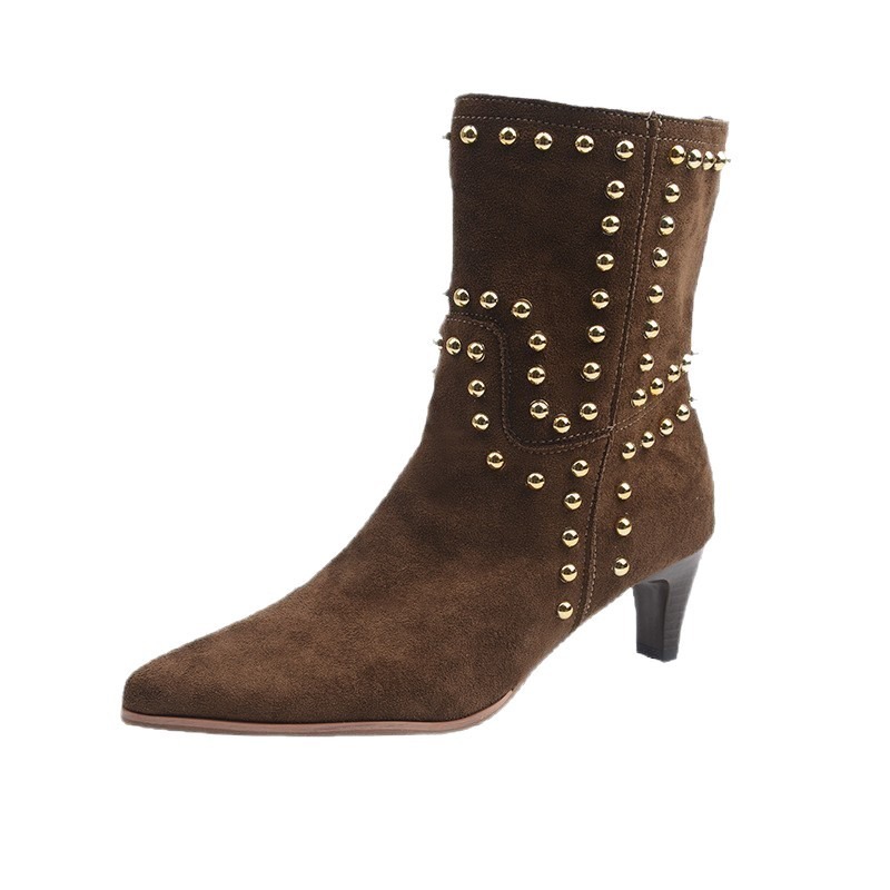 Spring/Autumn 2025 New Retro Women's Shoes Brown Studded Suede Thin Heel Pointed Toe Booties Knight Boots