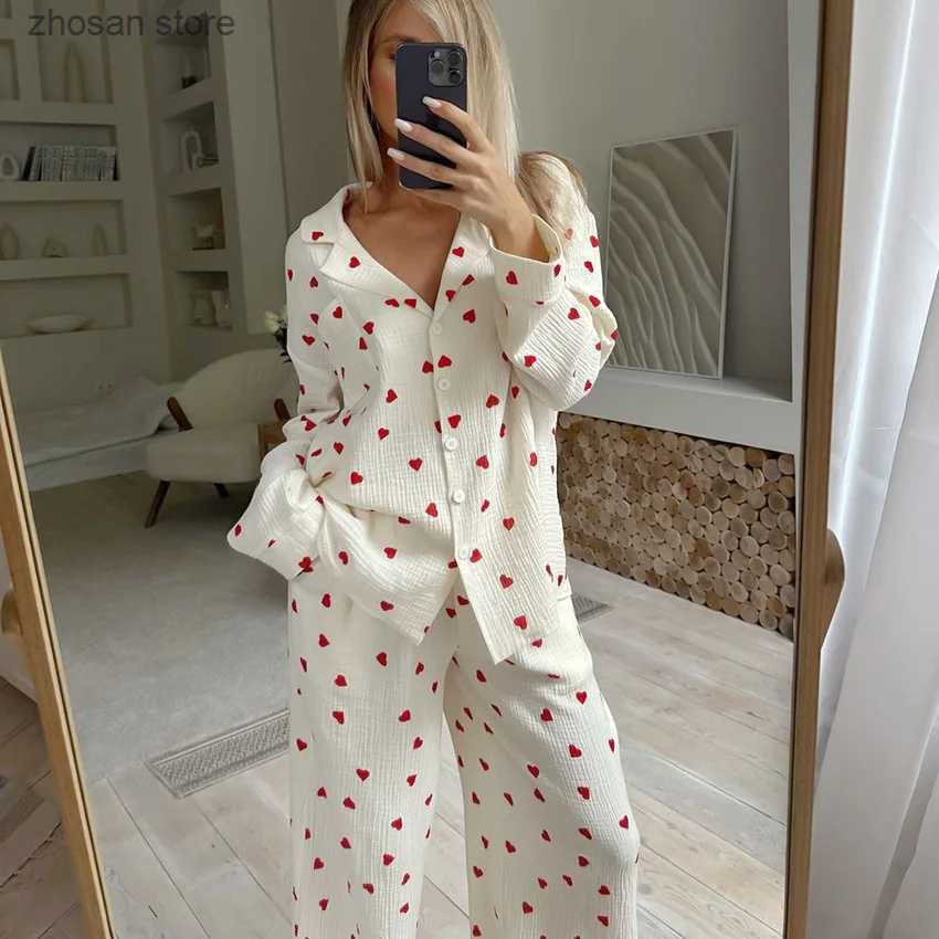 Summer New Love Heart Print Pyjama 100% Cotton Long Slve Set 2Pcs Outfit Lapel Slpwear Button Down Womens Pajamas Nightwear S250818