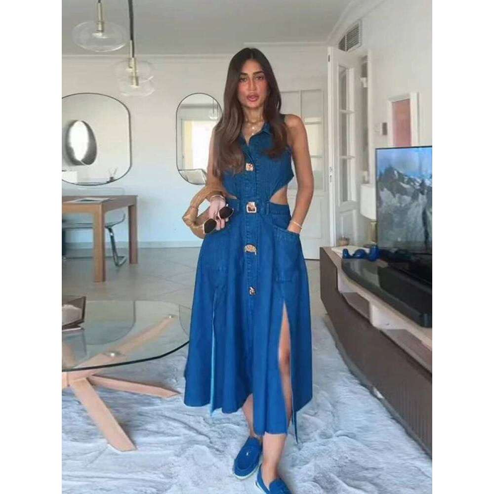 hoodie Denim Hollow Out Split Long Dress Women Sleeveless Lapel Single Breasted High Waist Dresses Summer Street A-Line Lady Robe jacket