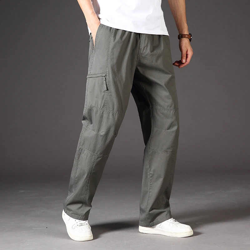 Classic Man Casual Cargo Pants Zipper Pockets Big and Tall Sports Outdoor Outfits Khaki Grey Mens Trousers 250815