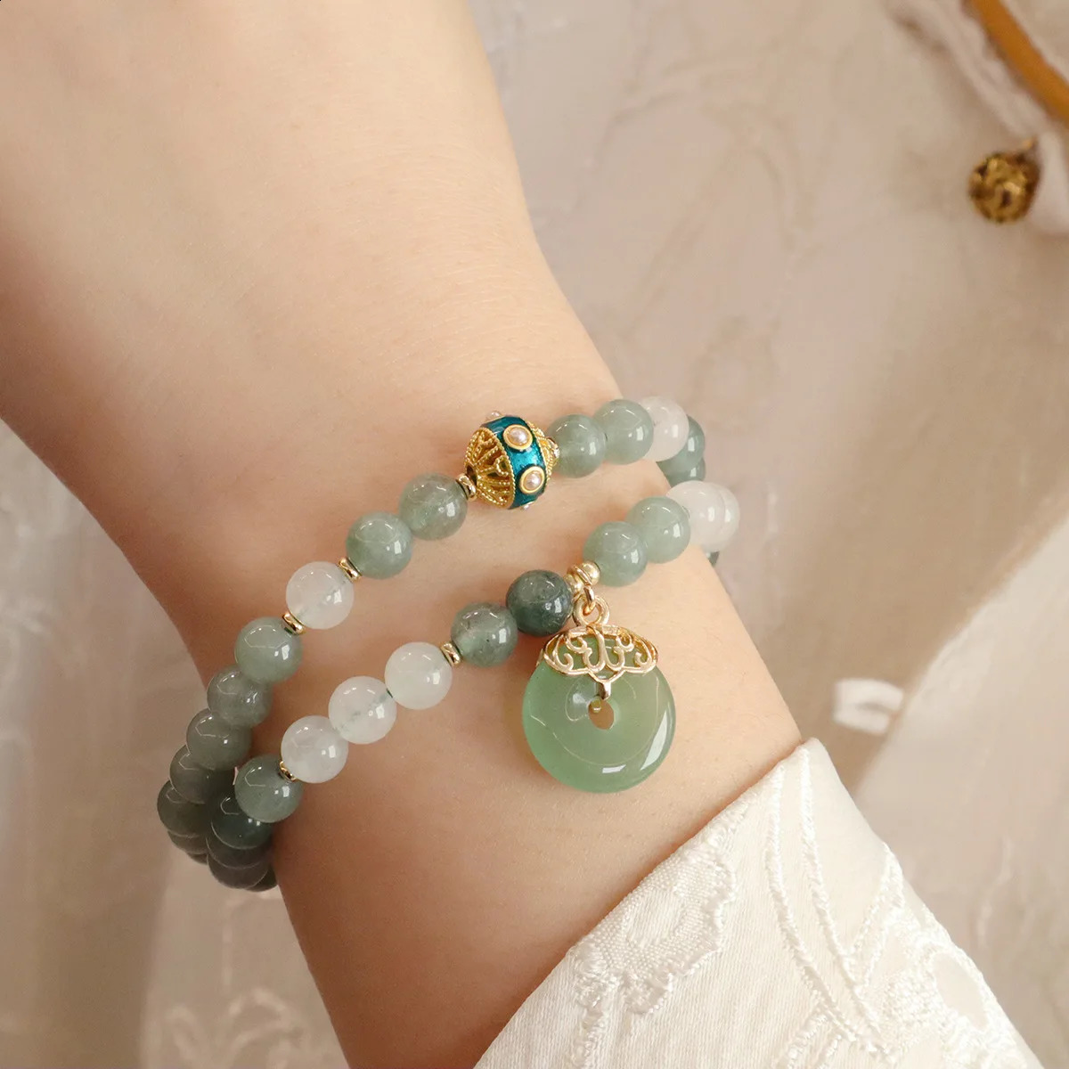 Ruifan Fengshui Bracelet Natural Green White Jade Beaded Strand Womens Bracelets Lucky Peace Button Pendant Accessories 1409 250801