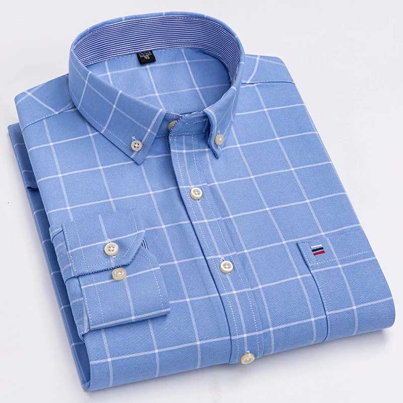 100% Cotton Oxford Mens Shirts Long Sleeves Plaid Soft Regular Fit Formal Dress Shirt Pocket Social Blouse Male Clothes S-7XL Z250818