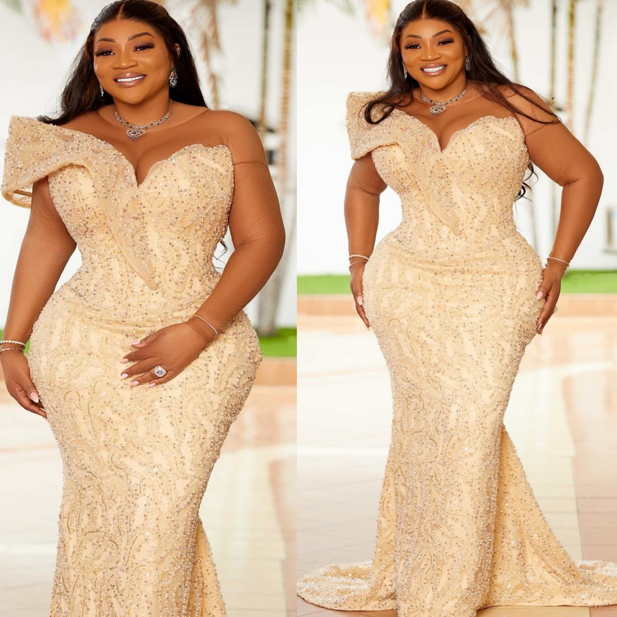 2025 Plus Size Cream Mermaid Mother Of Bride Dresses Sheer Neck Sequined Full Sleeves Evening Party Mama's Dress Vintage Birthday Wedding Guest G