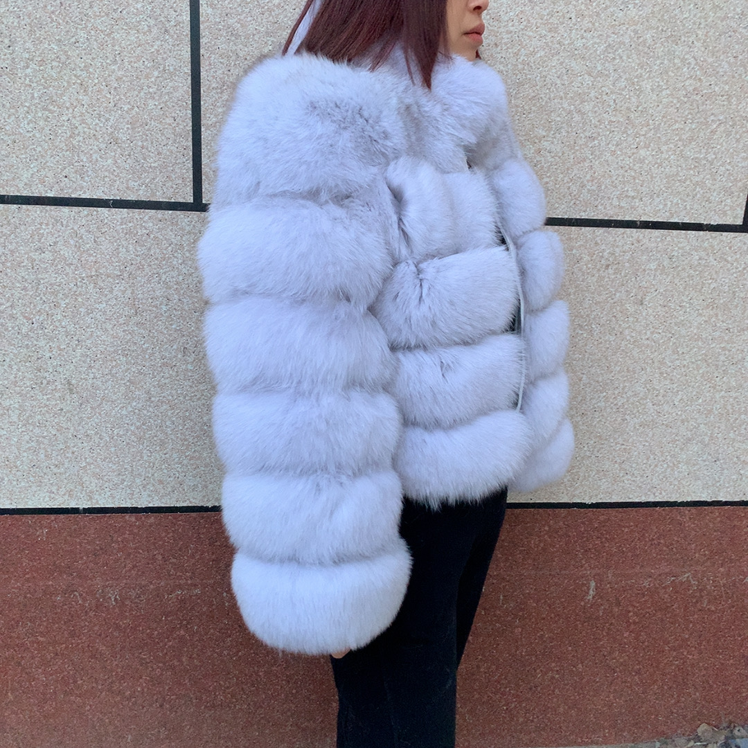 Real fox fur coat with long sleeves and stand collar fluffy women's winter fur jacket warm raccoon fur coat LHXDW