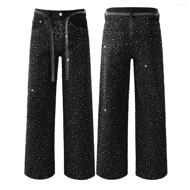 Men's Jeans 25SS Straight Leg Men Fashion High Street Black Heat-melting Rhinestone Full Diamond Print Loose Casual Wide Pants