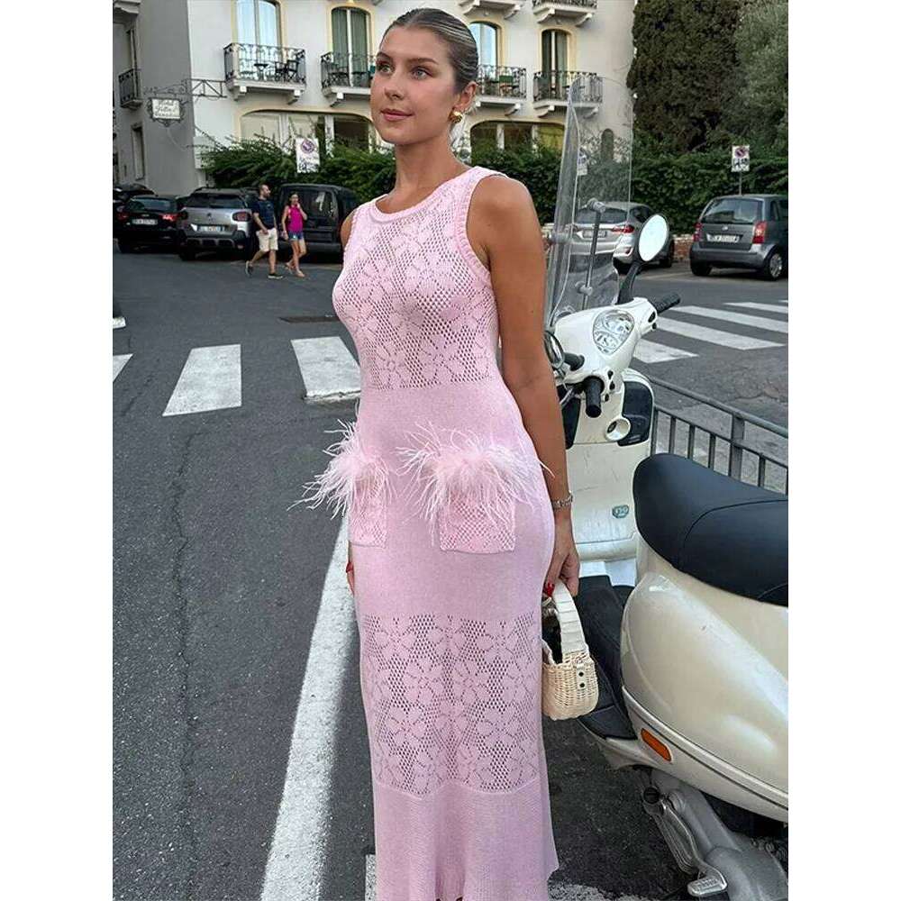 hoodie Elegant Feather Decoration Knitted Dress Woman Sleeveless Hollow Out Slim Long Dresses Versatile Fashion Women's Fishtail Robe jacket