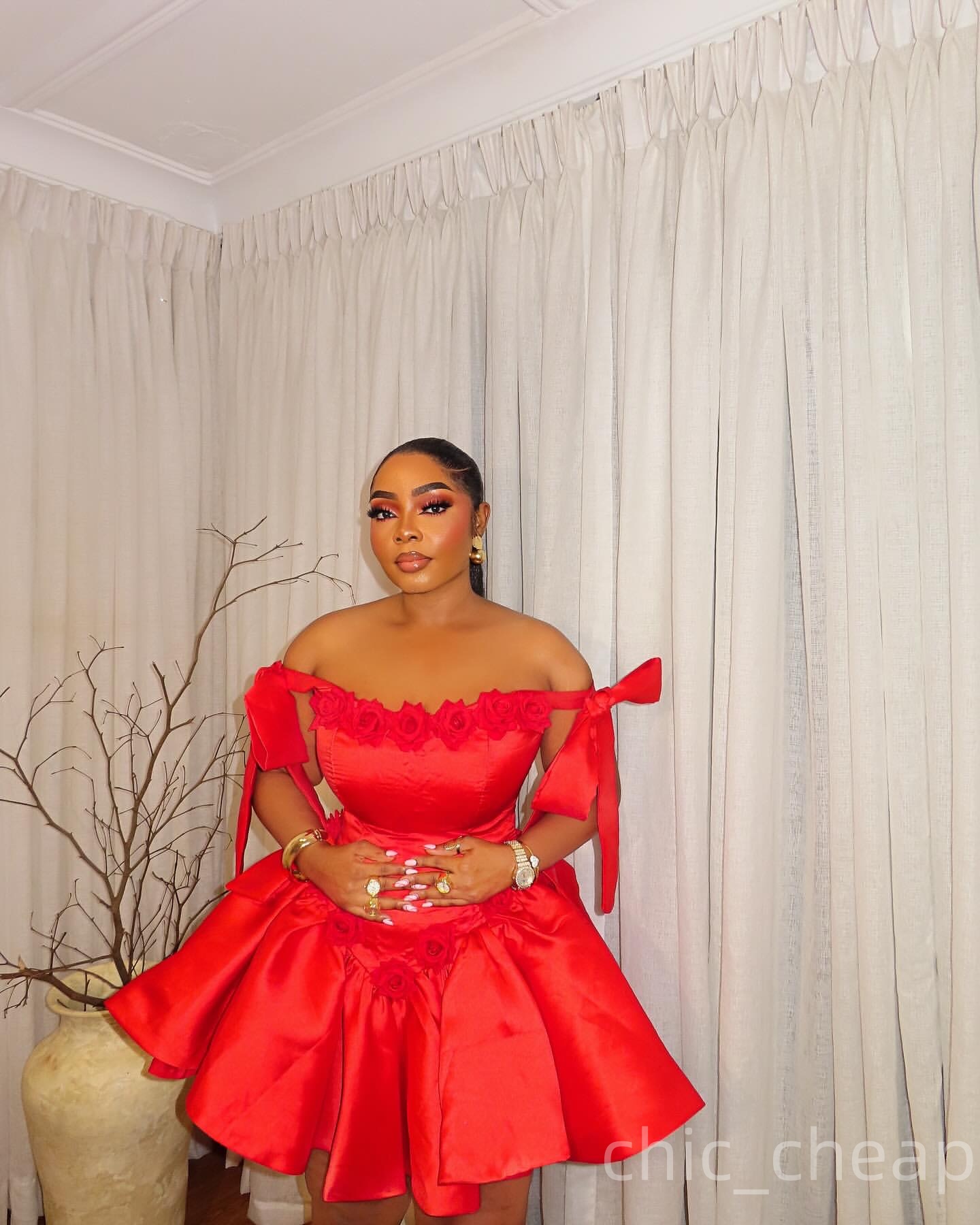 Chic A-line Red Homecoming Dress Flowers Satin Strapless Short Mini Graduation Cocktail Birthday Dresses For Special Occasions Sweetheart Gowns