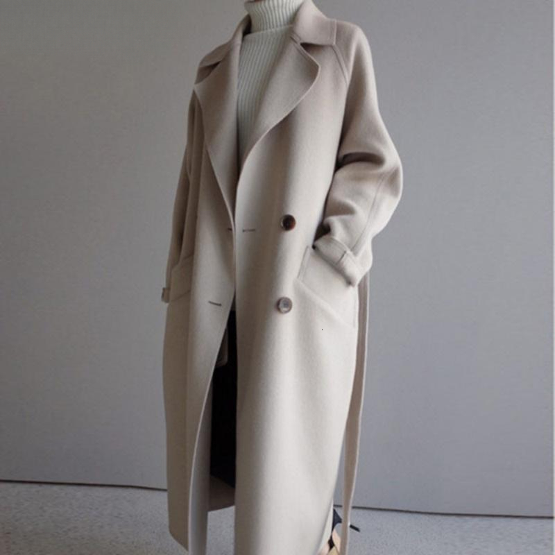 Lana Femminile Miscele Inverno Beige Miscela Elegante Femmina Donna Coreana Manici Neri Lunghi Cappotti Vintage Minimalista Di Lana Sovraamino Camme-image