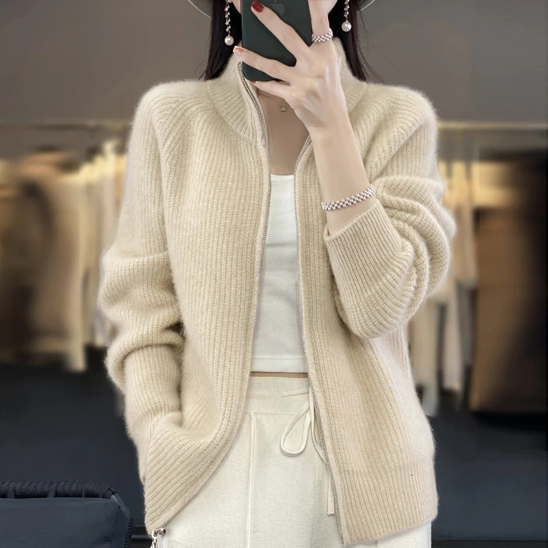 100% Pure Wool Zipper Cardigan Padded Shoulder Stand Collar Womens Cashmere Knitted Coat Lapel Sweater 250819