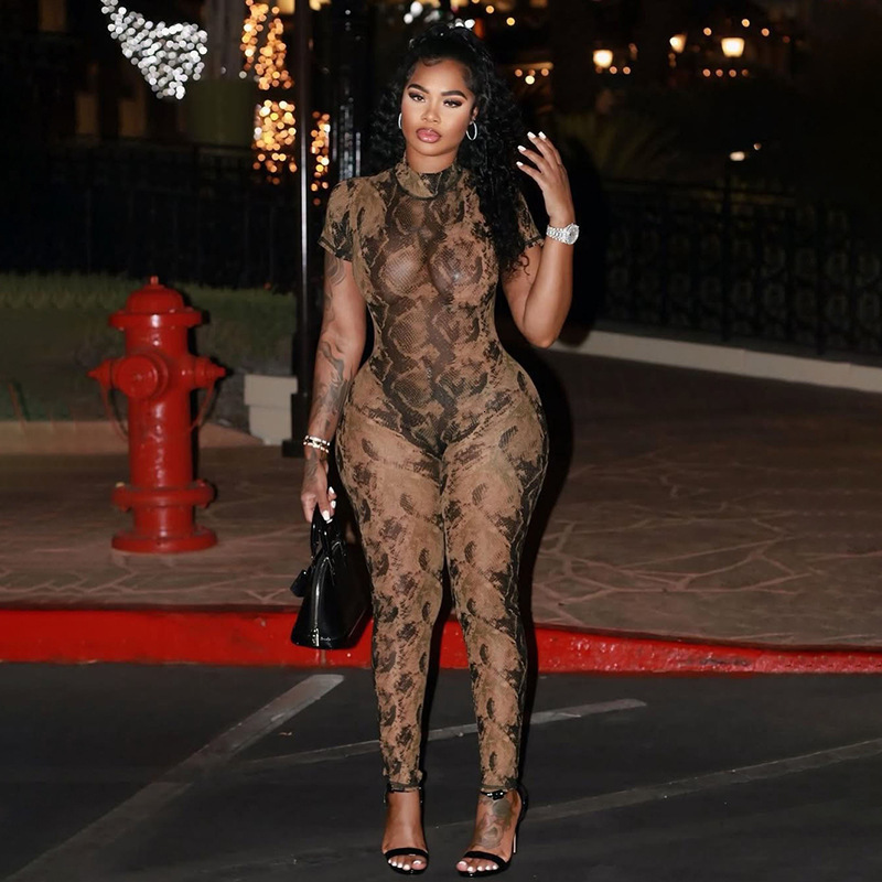 D9707 womens sexy and fashionable backless pattern printed transparent mesh jumpsuit