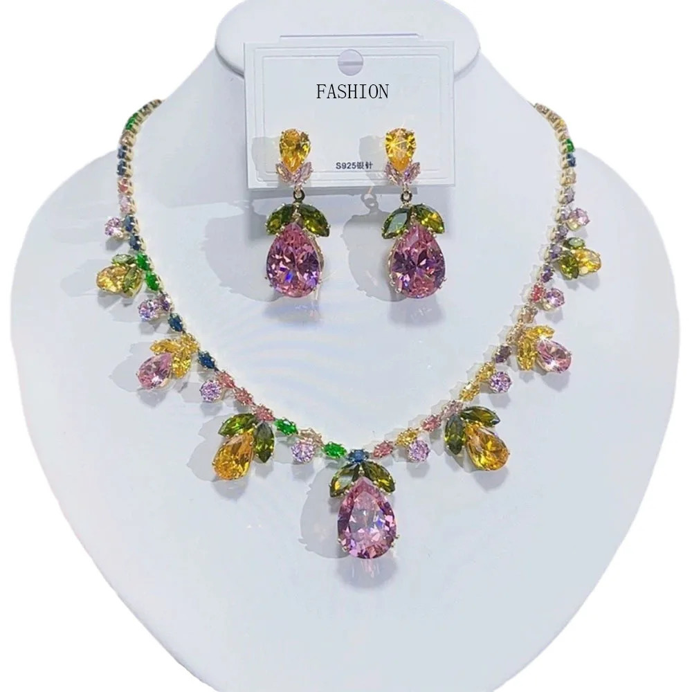 Waterdrop Pendant Jewelry Set Earring Pink Necklace For Women Bridal Wedding Exquisite Fashion Zircon Party Banquet Gift 250815