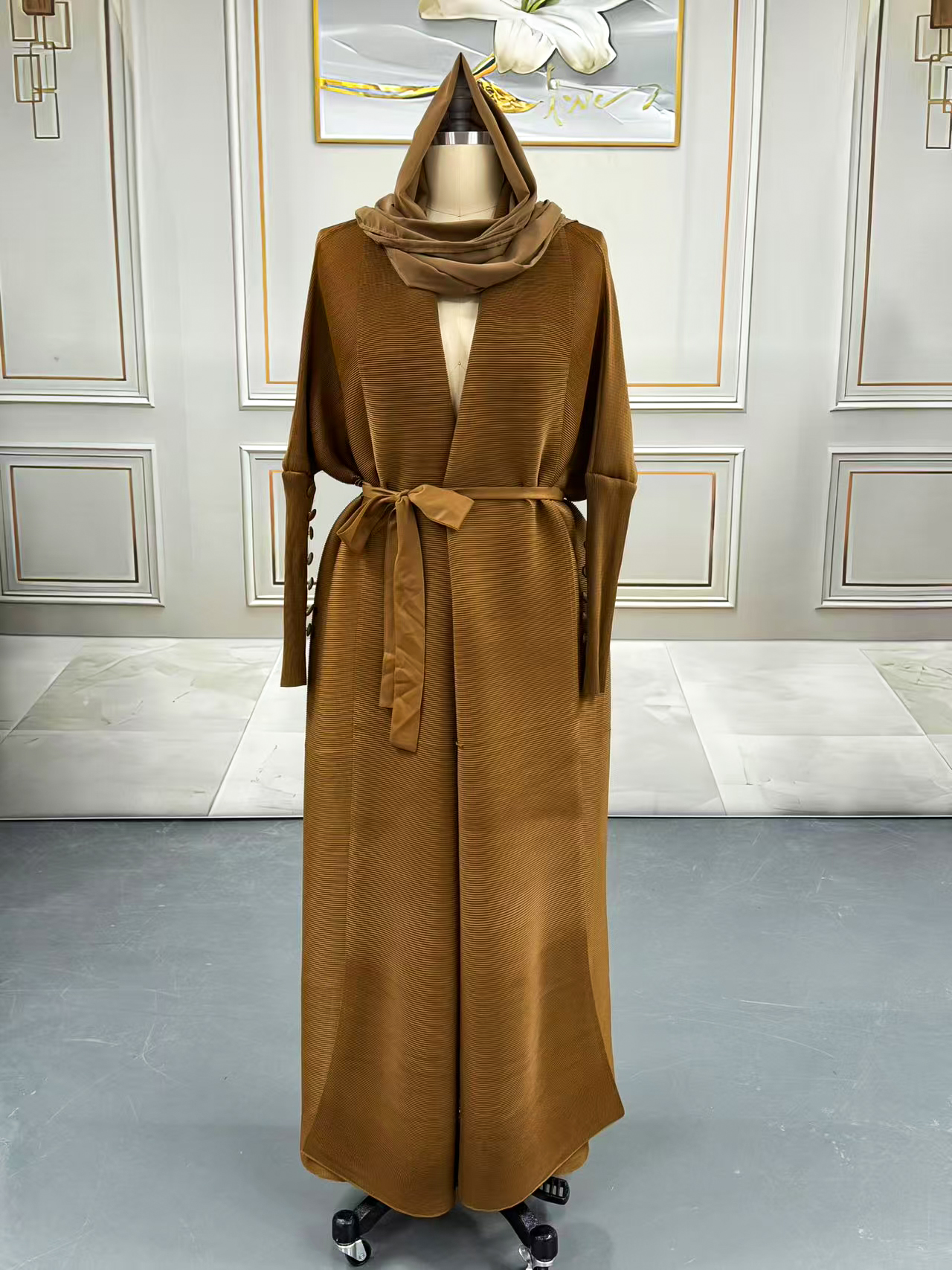 Long robe coat Ethnic Clothing The Middle Eastern printed pleated robe coat is elegant in Arab style 25309