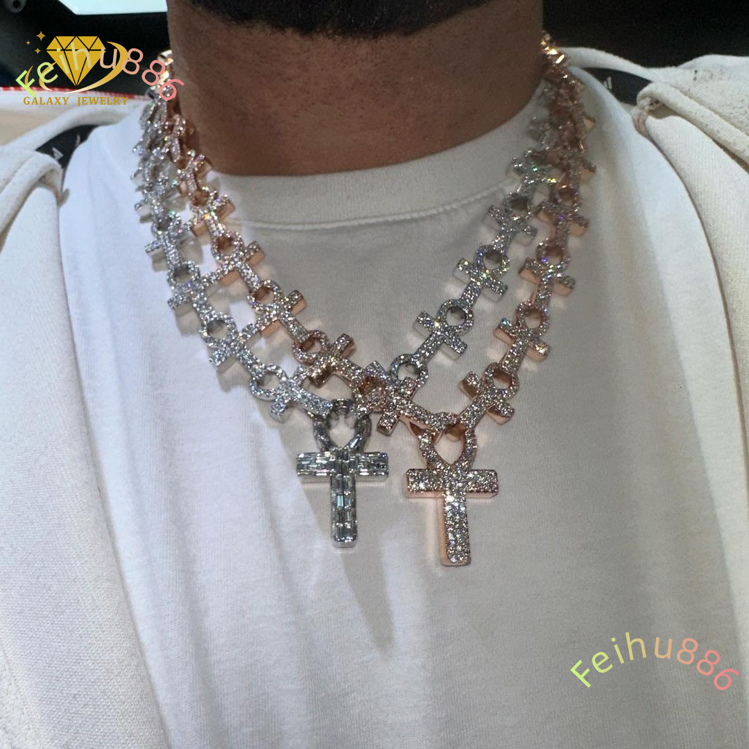 Luxury Hiphop Jewelry Iced Out 925 Silver Gold Plated Vvs D Color Infinity Link Cross Moissanie Cuban Link Necklace