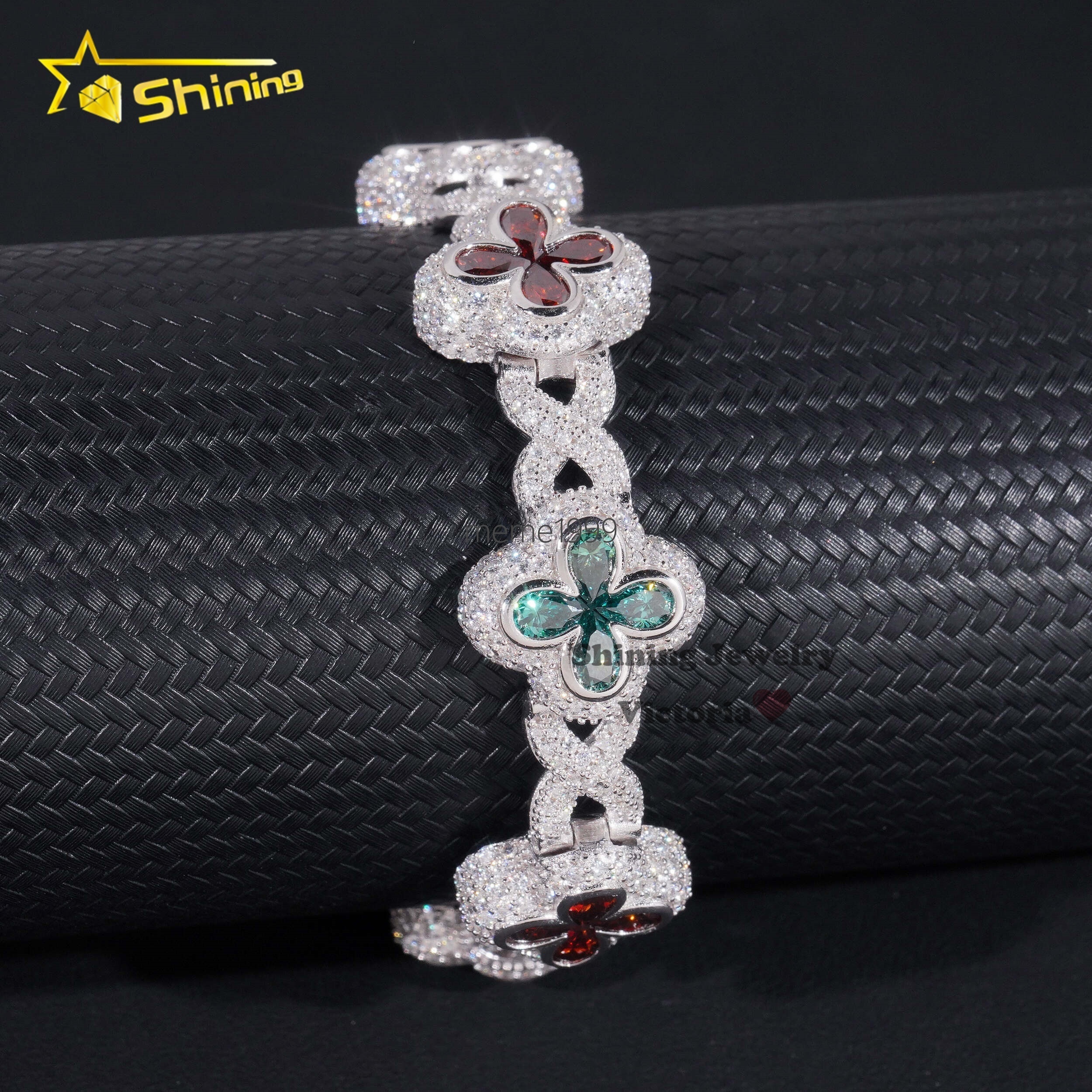 Fashion Christmas Jewelry Hip Hop Luxury Pear Colored Moissanite Diamond Clover Fancy Shape Mens Silver Cuban Bracelets