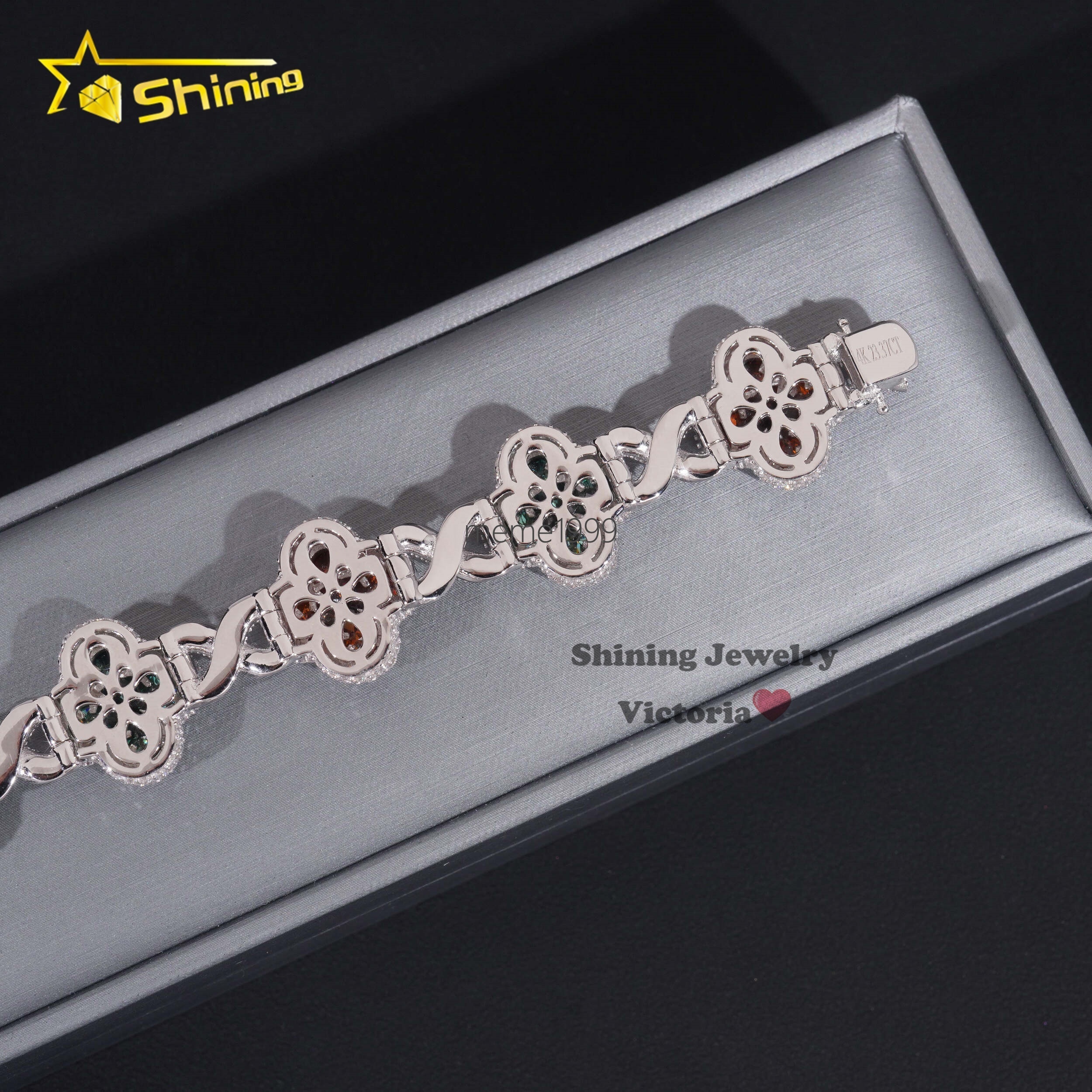 Fashion Christmas Jewelry Hip Hop Luxury Pear Colored Moissanite Diamond Clover Fancy Shape Mens Silver Cuban Bracelets