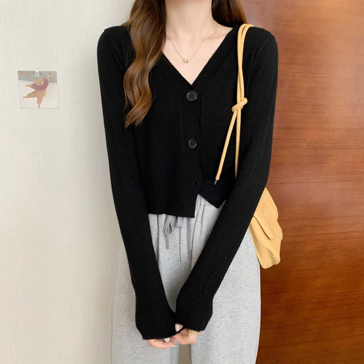 Thin Summer Yellow Cardigan Knitted Shirt Womens High Stretch Long Sleeve Casual V-Neck Sweater Tank Top Clothes XJ250819