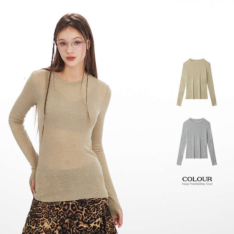 Solid Color Simple Cuff Finger Design Round Neck Long Sleeve Base Shirt Women Versatile Top Ins B5
