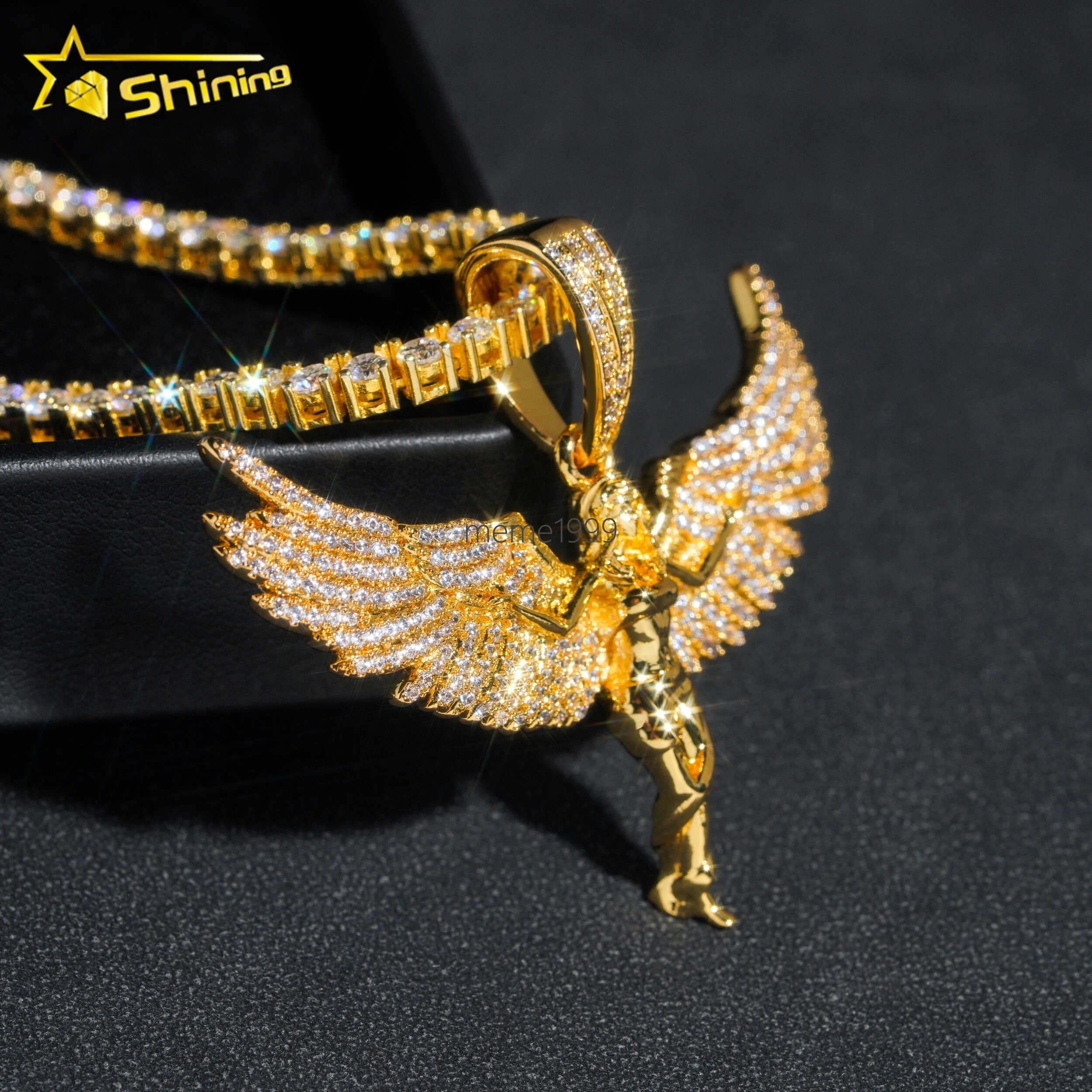 14k White Gold Plated Sterling Silver 925 Hip Hop Diamond Pave Moissanite Iced Out Angel Pendant