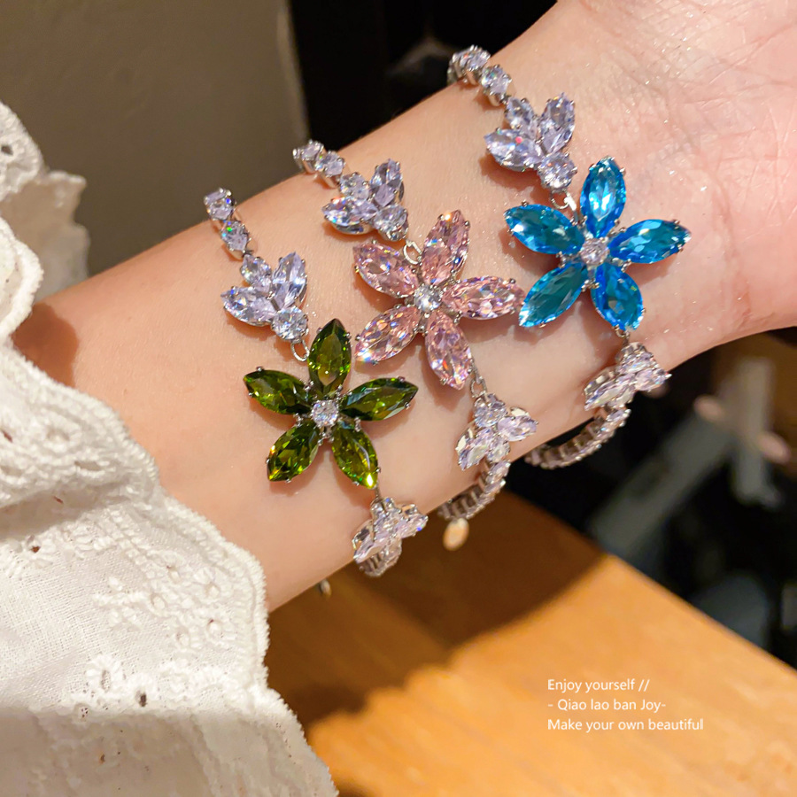 Silver Tone Floral Bracelet With Pink And Purple Crystal Accents Elegant Daily And Party Wear Gift For Her High Quality And Stylish Jewelry