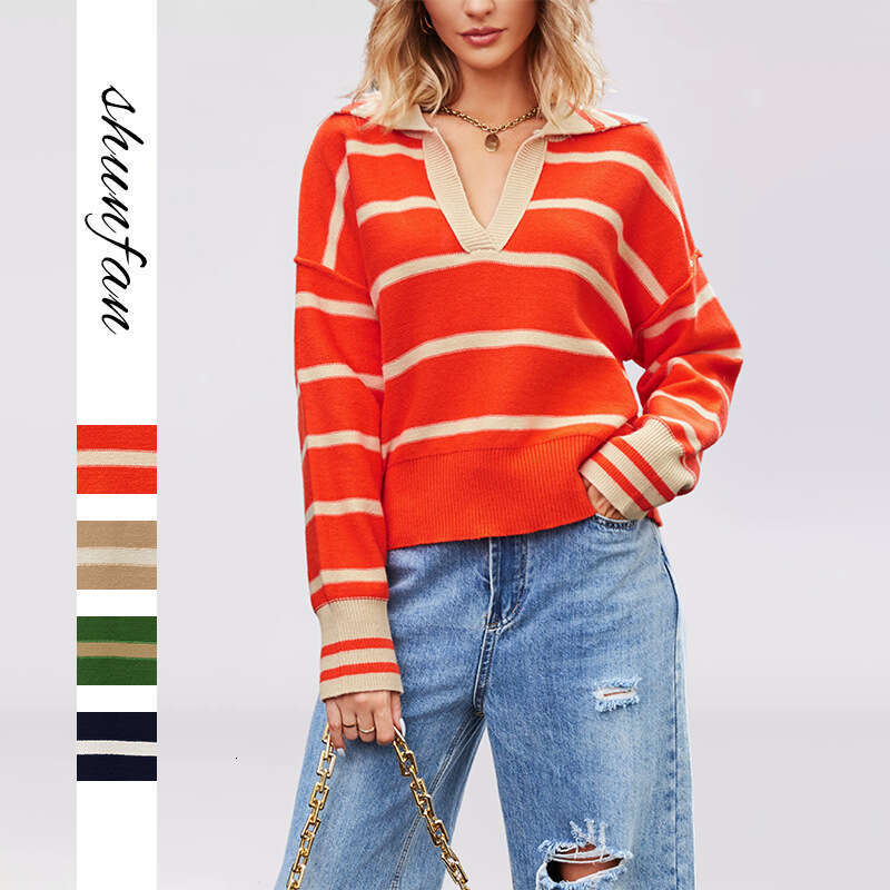 Autumn Winter Women's Fashion New Style Patchwork Color Striped Loose Sweater Turn-Down Collar Knitwear B5