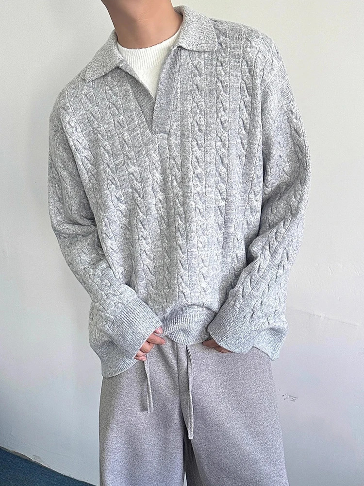 Vintage Twist Textured Knit Polo Shirts Mens Autumn Casual Long Sleeve Lapel Sweaters Mens Fashion Solid Color Knitted Jumpers 250818