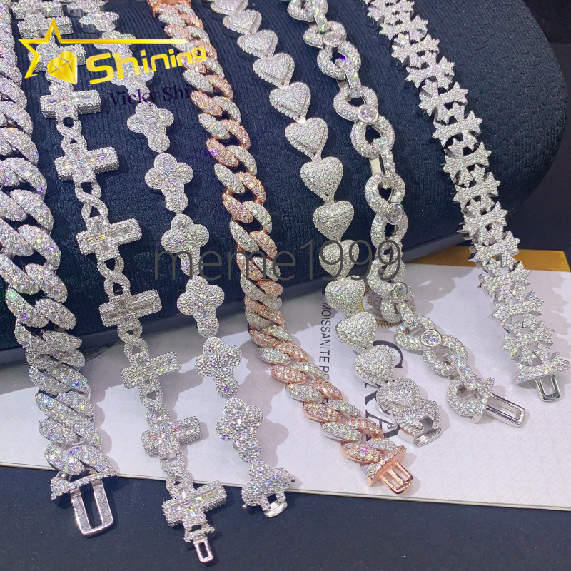 Luxury Fashion Hip Hop Missanite Cuban Bracelets S925 Silver Iced Out VVS Moissanite Cuban Link Chain