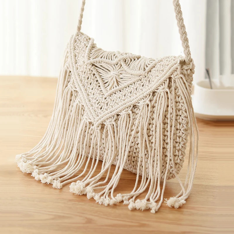 Handmade Cotton Woven Knitted Tassel Crossbody Bag Vintage Shoulder Messenger Bag Female Fashion Beach Summer Handbags for Women 250814