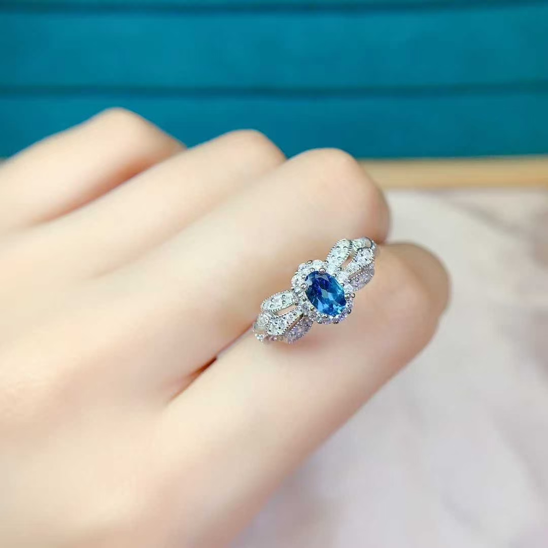 Genuine 925 silver gemstone ring London blue topaz ring 0.5ct 4mm*6mm VVS grade natural topaz jewelry birthday gift for women
