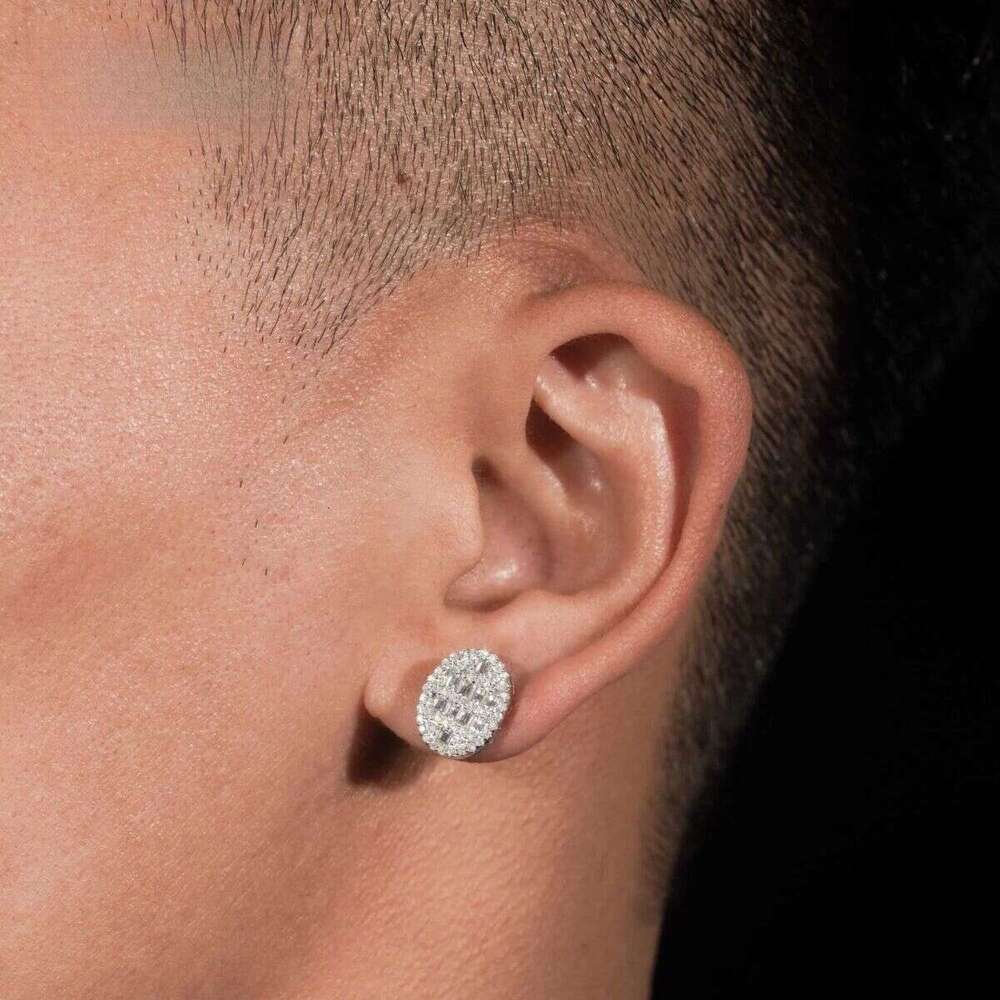 New design baguette lab dia sier vvs moissanite hip hop iced out stud earrings