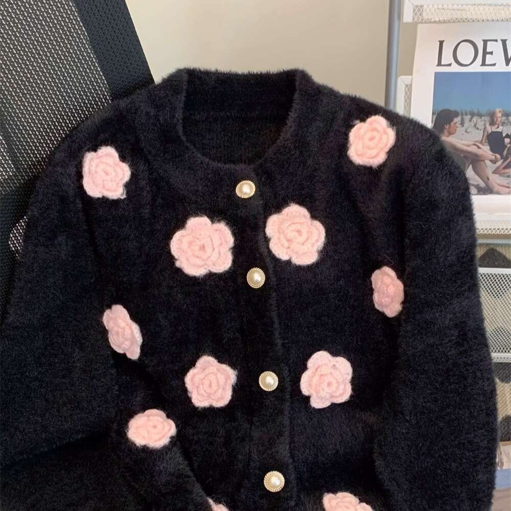 Sweet Flowers Embroidery Imitation Mink Sweater Cardigan Women's 2025 New Autumn Winter Sweater Jacket Top