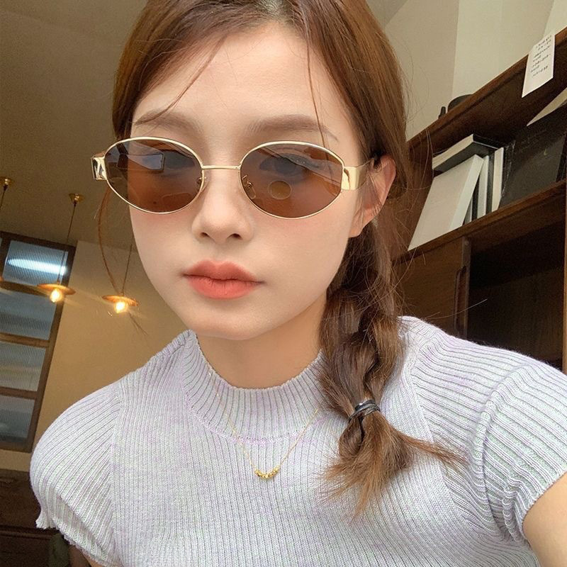 Sunglasses For Women In Summer New Style Personalized Elliptical Metal Sunglasses Ins Internet Celebrity High-end Large Frame Glasses Men