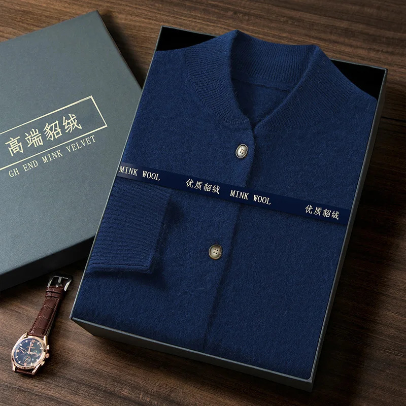 Autumn Winter Mens Loose Solid Color Sweater Mink Cashmere Cardigan Stand Up Collar Long Sleeved Casual Knit Jacket 250819