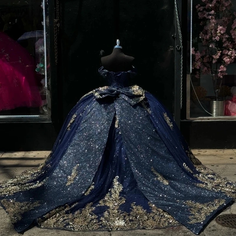 Navy Blue Quinceanera Dresses Gold Sequin Appliques Lace Beads Tull Ball Gown Bow Sweet 16 Dress Vestidos 15 De Anos