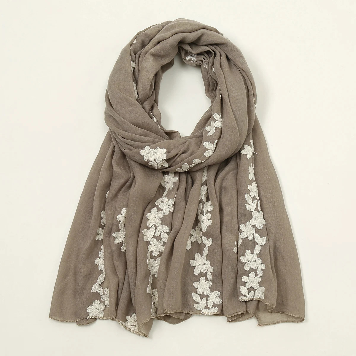 Fashion Embroidery Floral Long Scarf Hijab Woman Cotton Shawl Summer Solid Color Wraps For Ladies Casual Stole Headband 180*80cm 250818