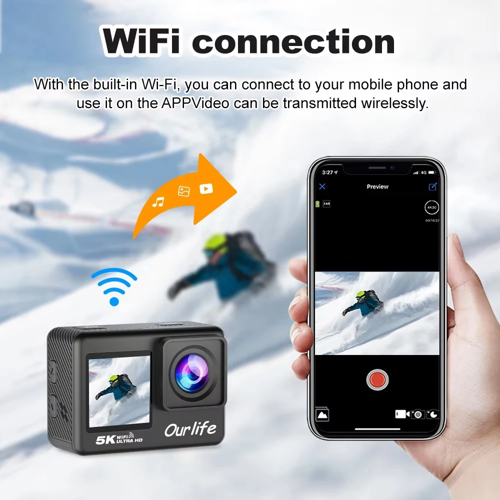 Ourlife Action Camera 5K 4K60FPS EIS WiFi Dual Screen 170D 2.0 Inch Touch Screen 30M Waterproof Sport Camera With Remote Control 250813