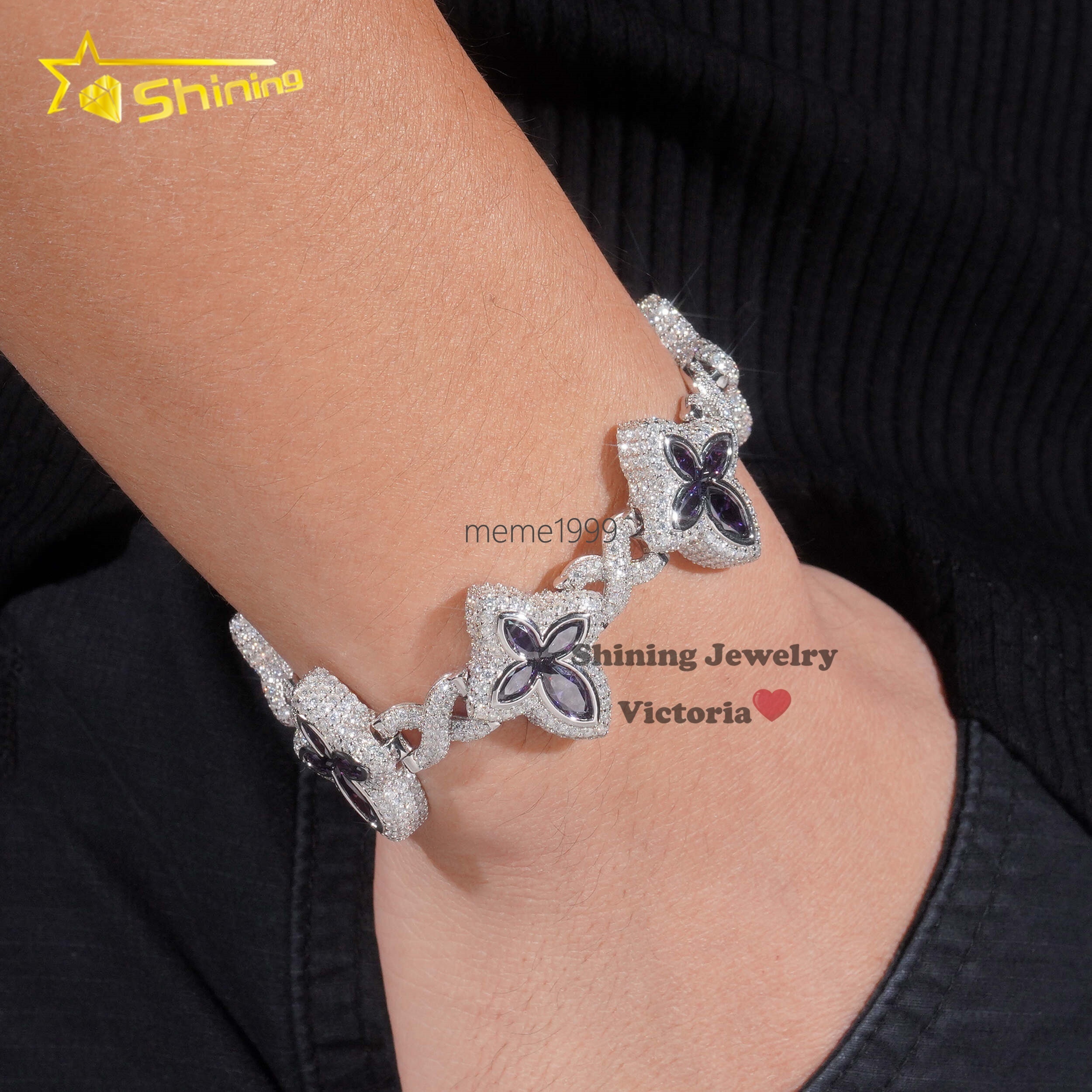 Fine Jewelry 925 Sterling Silver Colored Moissanite Drop Water Pear Shape Black Diamond Clover Hip Hop Infinity Cuban Bracelet