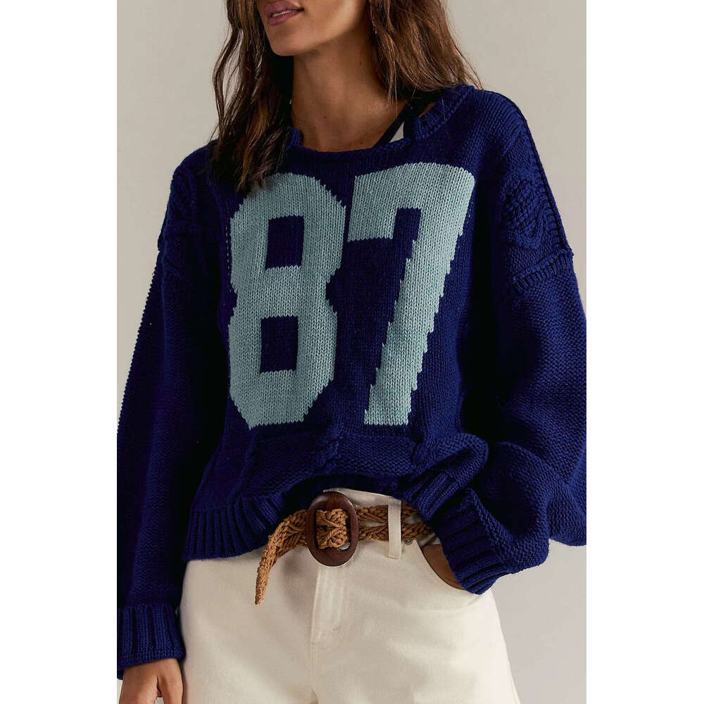 Autumn Winter Long Sleeve Top Women's Digital Color Block Knitted Pullover Loose Sweater B3