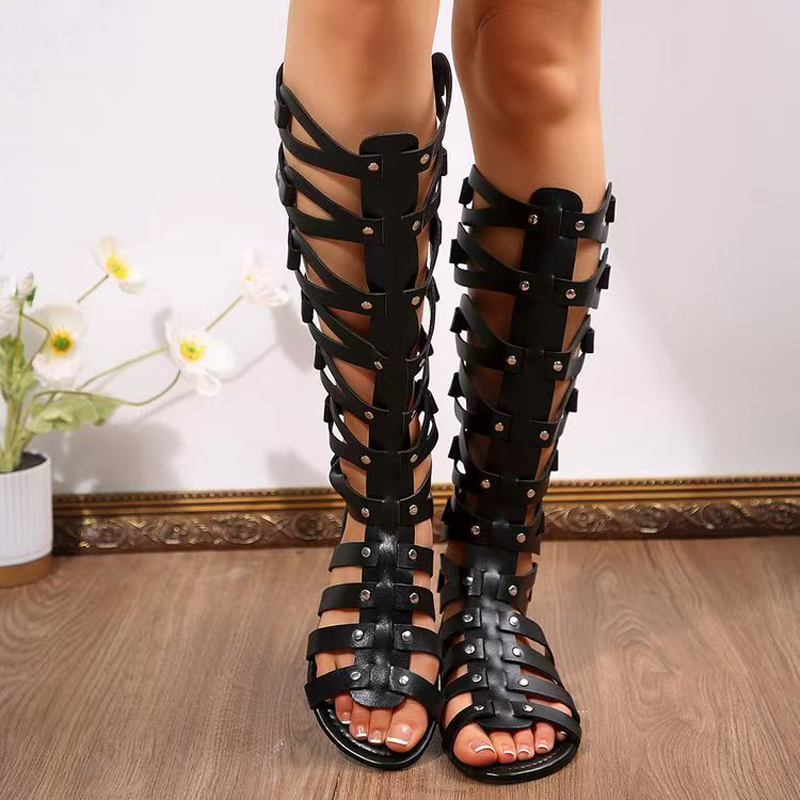Women Designer Strappy Open toe Knee High Summer Gladiator Flat Sandals Roman Bandage Casual Boots Shoes breathable and comfortable