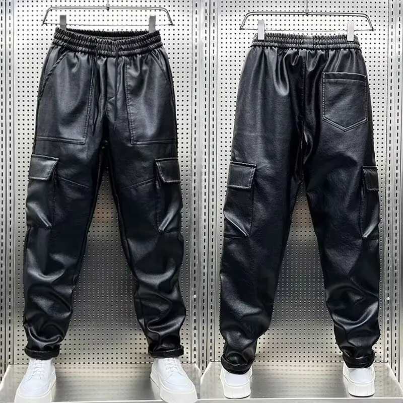 Mens Leather Motorcycle Cargo Pants Multi-Pockets Black PU Pants Men Elastic Waist Mopping Trousers Luxury Elastic Waist Pants W250819