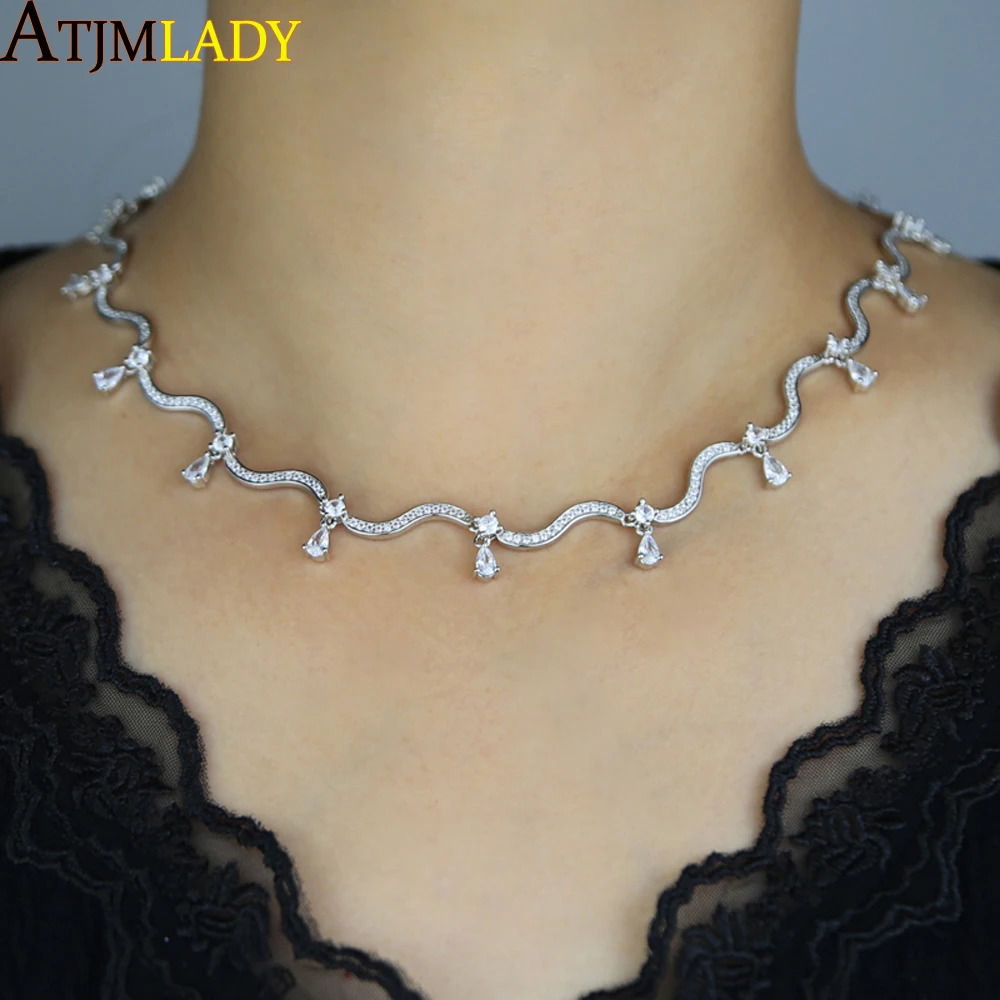 Fashion White Pink Tear Drop Cubic Zirconia Micro Pave CZ Paved Bling Wave Bar Heart Charm Choker Necklace Women Jewelry 250815