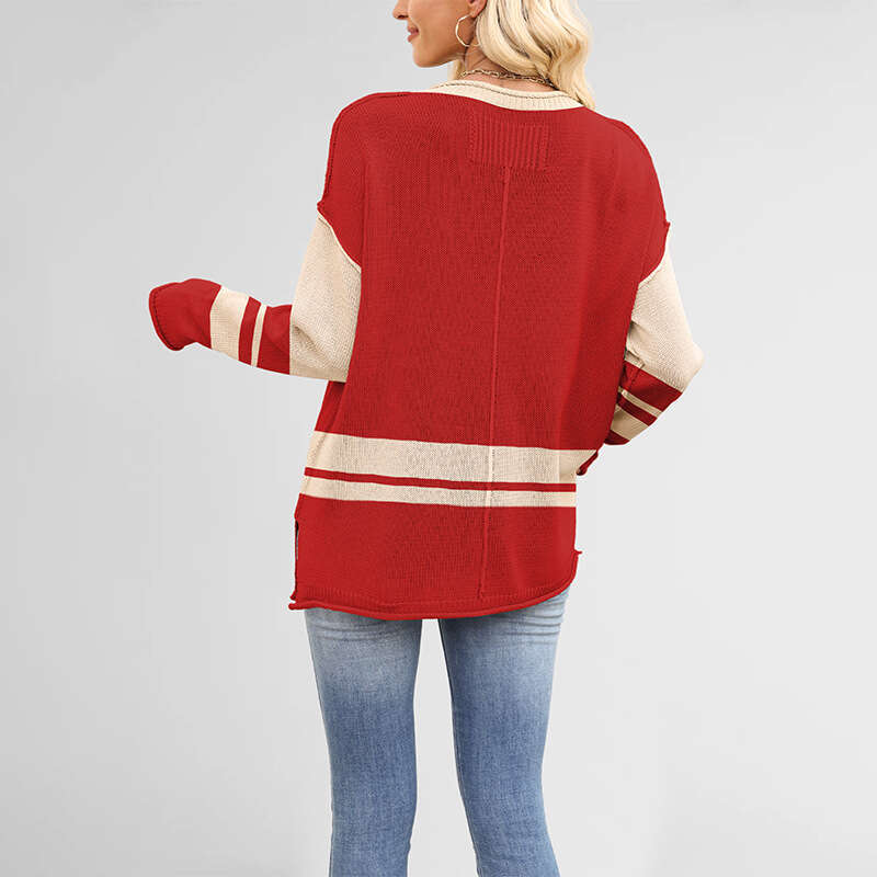 New Knitted Autumn Winter Women's Color Block Round Neck Loose Casual Pullover Sweater B3