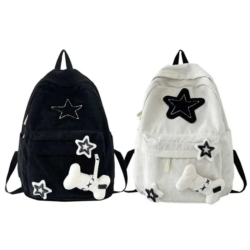 Y2K Girls Star Pattern Laptop Backpack Teen Student Large Capacity School Bookbag Corduroy Rucksack Double Strap Shoulder Bag250813