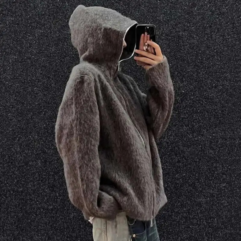 IEFB American Style Mens Cardigan Hooded Zipper Mohair Tops Solid Color Casual Loose Knitting Male Sweaters Menswear 9W201 250819