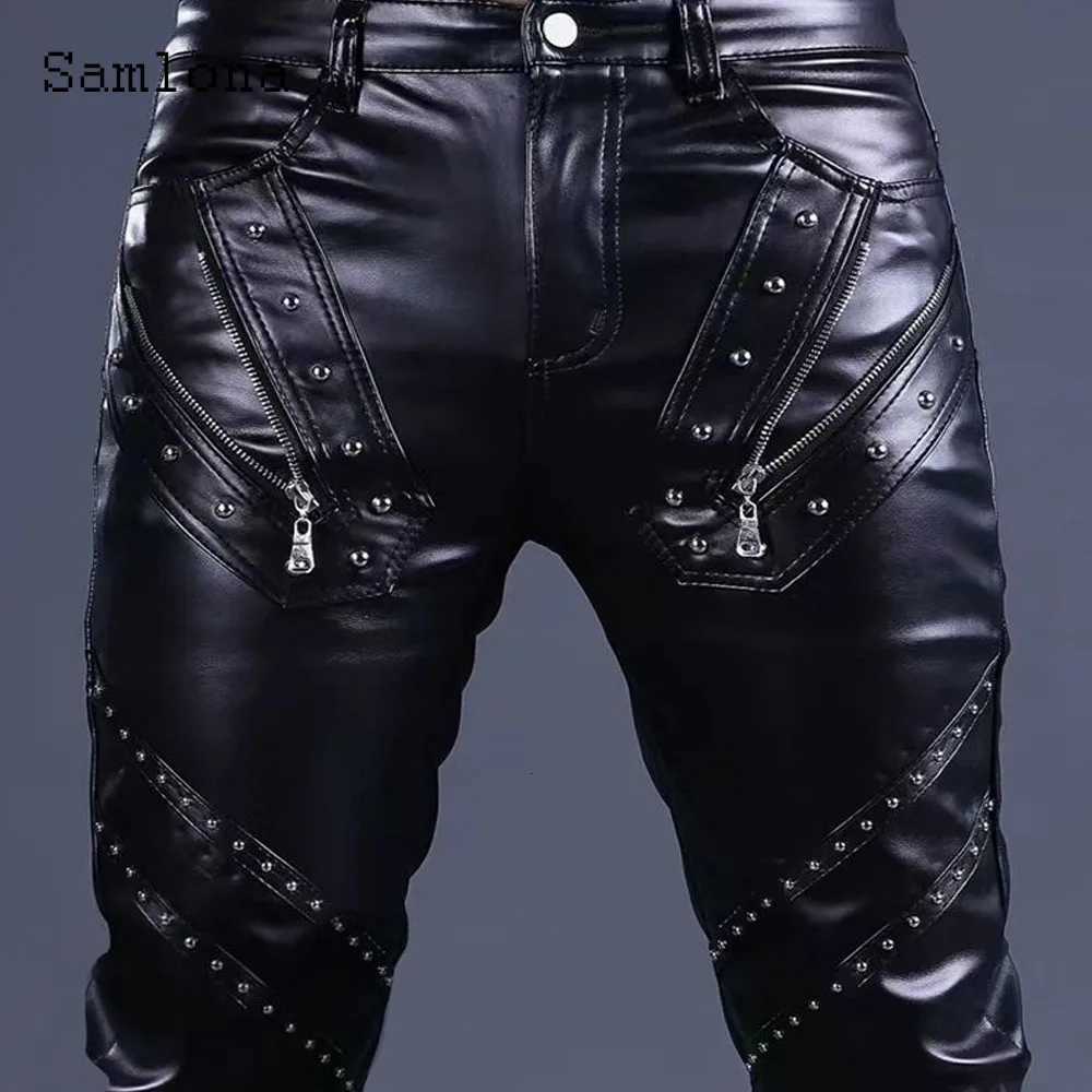 Sexy Zipper PU Leather Pants Men Streetwear 2025 European Style Fashion Rivets Party Trousers Black Luxury Faux Leather Hotpants W250819