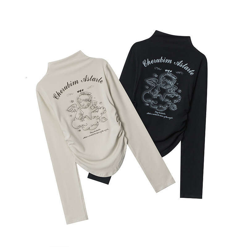 Angel Print Ruched Design Spring Long Sleeve T-Shirt For Women Pure Desire Style Sexy Short Top B3