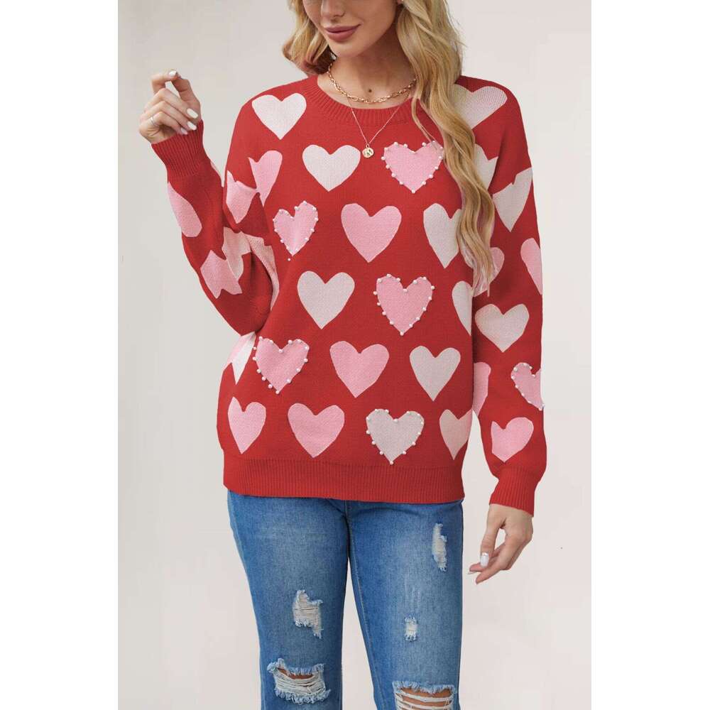 Winter New Valentine's Day Heart Peach Pullover Round Neck Handmade Beaded Craft Knit Sweater B5
