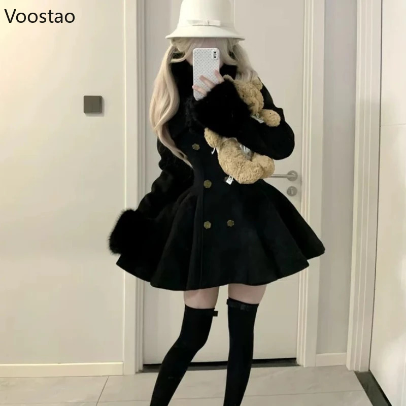 Autumn Winter Japanese Elegant Lolita Woolen Coat Women Sweet Fur Collar Slim Jacket Female Korean Y2k Warm Dress Cute Overcoat 250818
